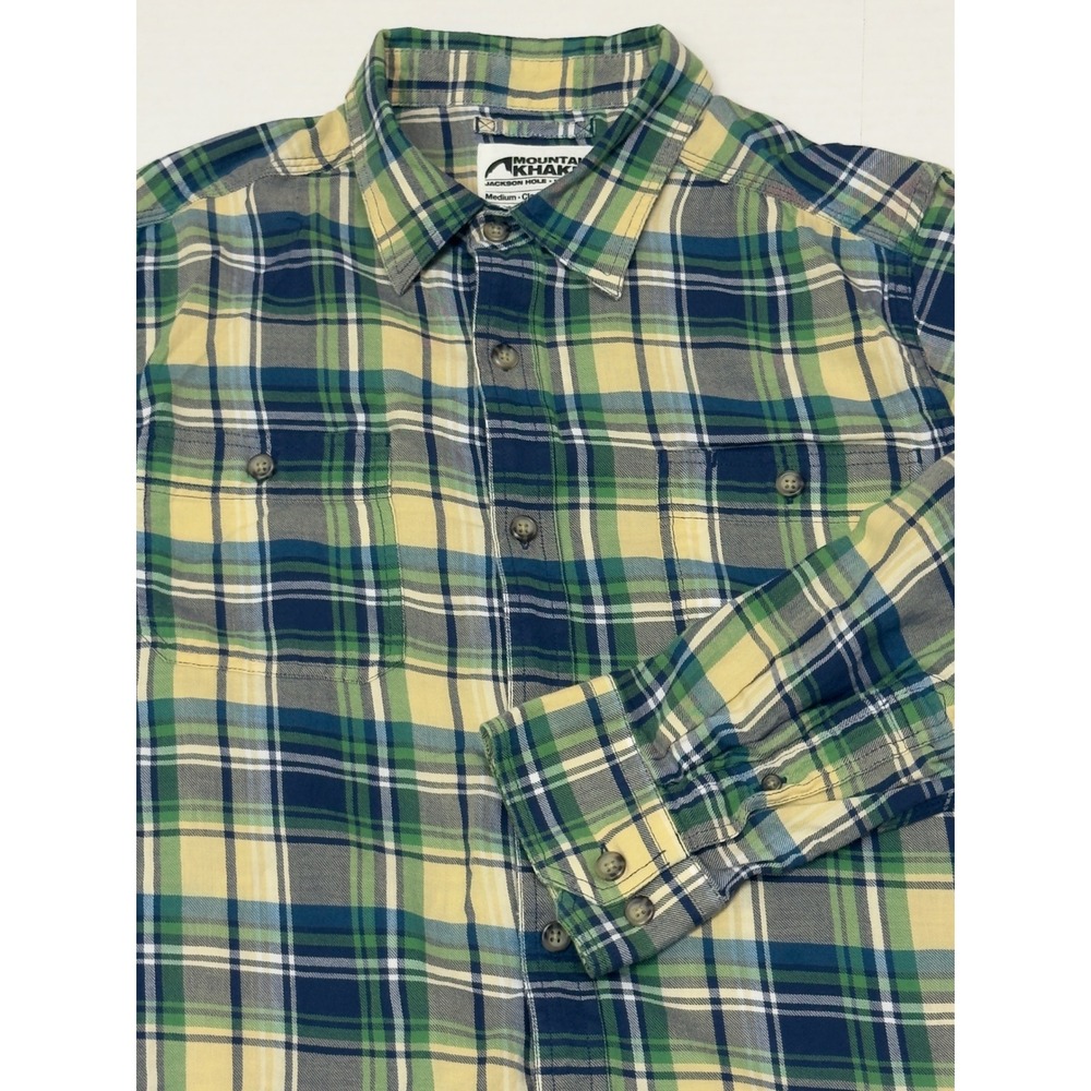 Mountain Khakis Plaid Flannel Shirt Mens M Green Blue Yellow Organic Cotton